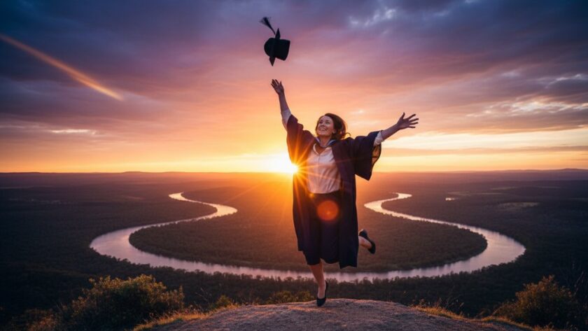 An epic, joy-filled moment captured with professional graduation photography Orbost Victoria, featuring a student triumphantly tossing their cap high against a dramatic Orbost landscape at sunset, with golden light illuminating their proud smile.