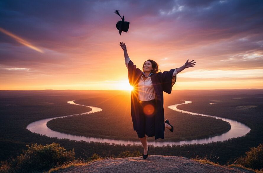 An epic, joy-filled moment captured with professional graduation photography Orbost Victoria, featuring a student triumphantly tossing their cap high against a dramatic Orbost landscape at sunset, with golden light illuminating their proud smile.