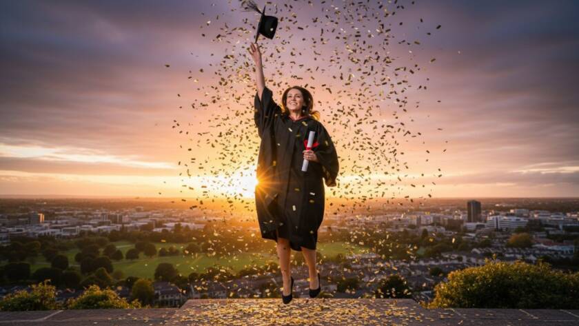 A proud graduate in Sydenham, diploma in hand, smiling brightly as confetti falls around them, bathed in dramatic golden hour light, perfectly depicting Professional Graduation Photography Sydenham Victoria.