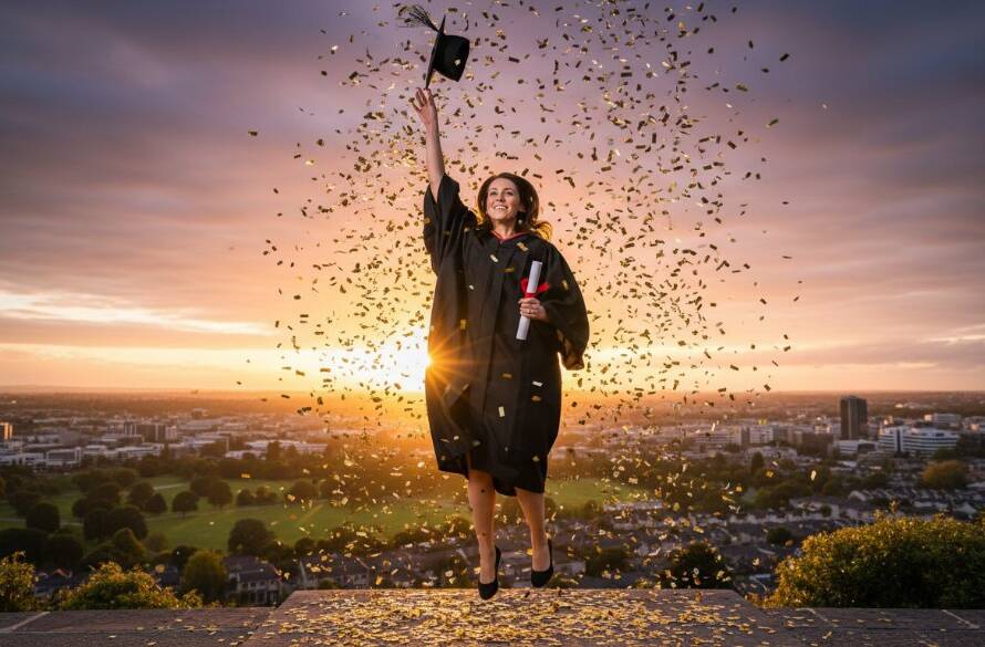 A proud graduate in Sydenham, diploma in hand, smiling brightly as confetti falls around them, bathed in dramatic golden hour light, perfectly depicting Professional Graduation Photography Sydenham Victoria.