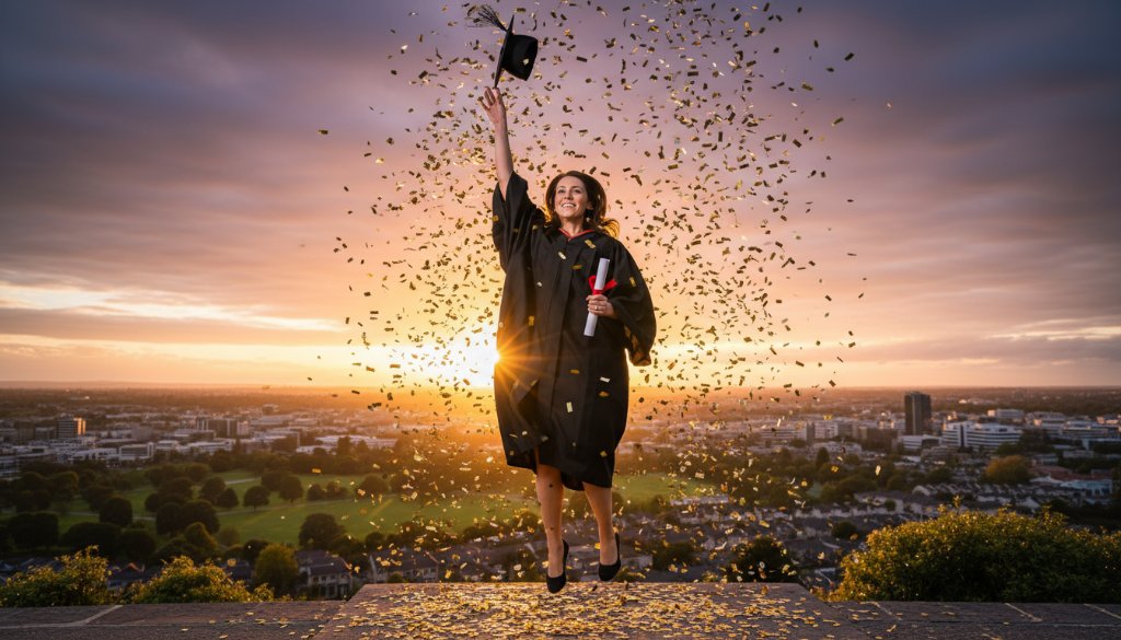 A proud graduate in Sydenham, diploma in hand, smiling brightly as confetti falls around them, bathed in dramatic golden hour light, perfectly depicting Professional Graduation Photography Sydenham Victoria.