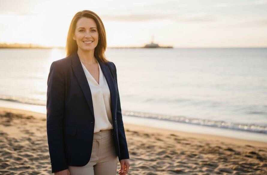 A captivating professional headshots Aspendale beachside portraits featuring a confident professional woman with a warm smile, standing against the soft, golden light of an Aspendale beach sunset, reflecting her approachable and professional demeanour. The scene showcases the serene coastal beauty of Aspendale.