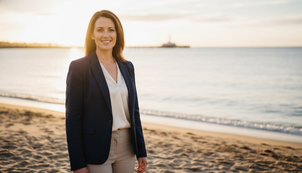 A captivating professional headshots Aspendale beachside portraits featuring a confident professional woman with a warm smile, standing against the soft, golden light of an Aspendale beach sunset, reflecting her approachable and professional demeanour. The scene showcases the serene coastal beauty of Aspendale.