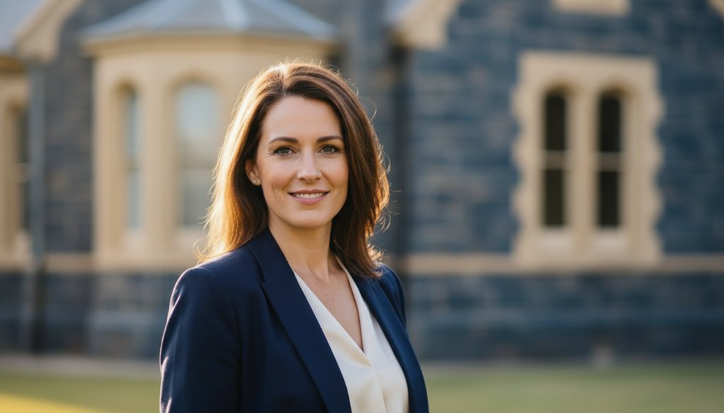 Dramatic, cinematic close-up of a confident professional woman receiving professional headshots Bacchus Marsh, against a softly blurred historic bluestone building in Bacchus Marsh, with golden hour sunlight highlighting her determined expression and a subtle smile. Professional photography, sharp focus on eyes and a shallow depth of field.