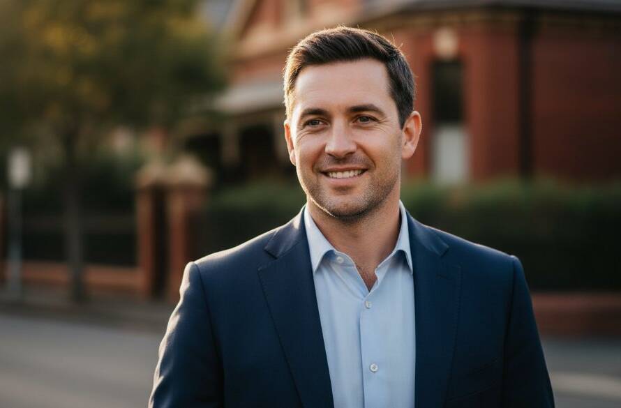 A confident male professional, mid-laugh, captured in a dramatic, cinematic close-up for Professional Headshots Balwyn North, with blurred Balwyn North parkland in the background, golden hour lighting highlighting his expression.