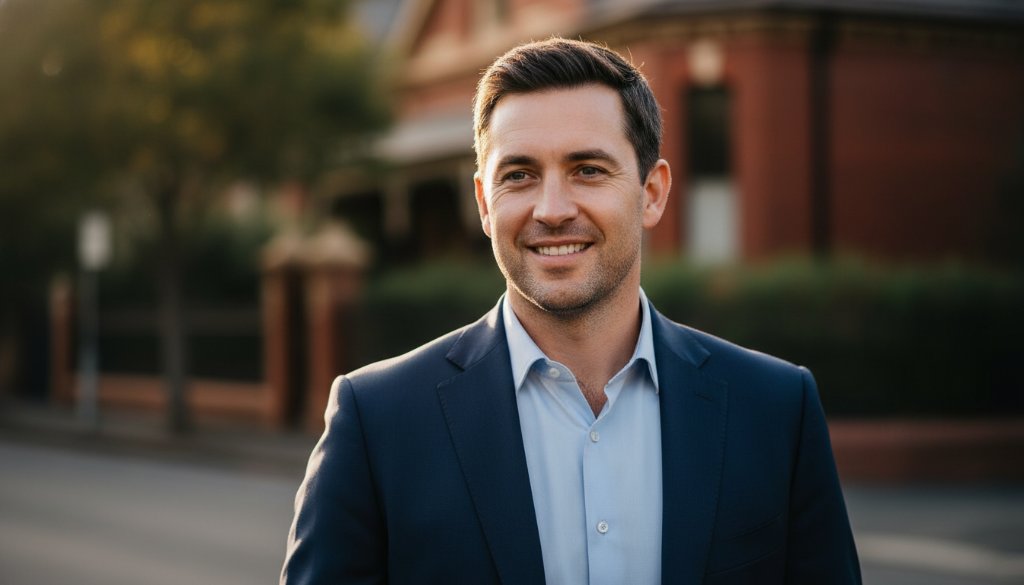 A confident male professional, mid-laugh, captured in a dramatic, cinematic close-up for Professional Headshots Balwyn North, with blurred Balwyn North parkland in the background, golden hour lighting highlighting his expression.