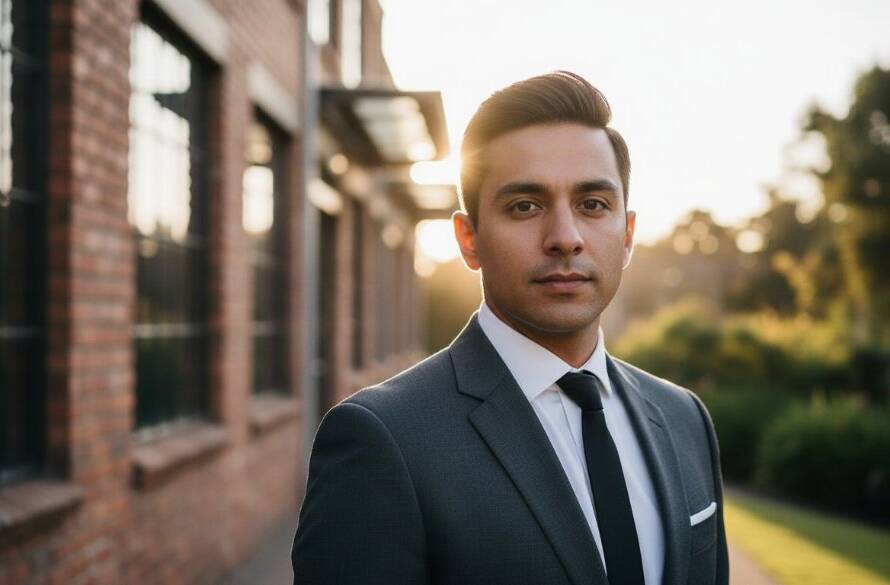 Dramatic professional headshots Bayswater Victoria for career advancement, featuring a confident subject bathed in golden hour light against a slightly blurred, contemporary urban Bayswater backdrop, showcasing determination and success.
