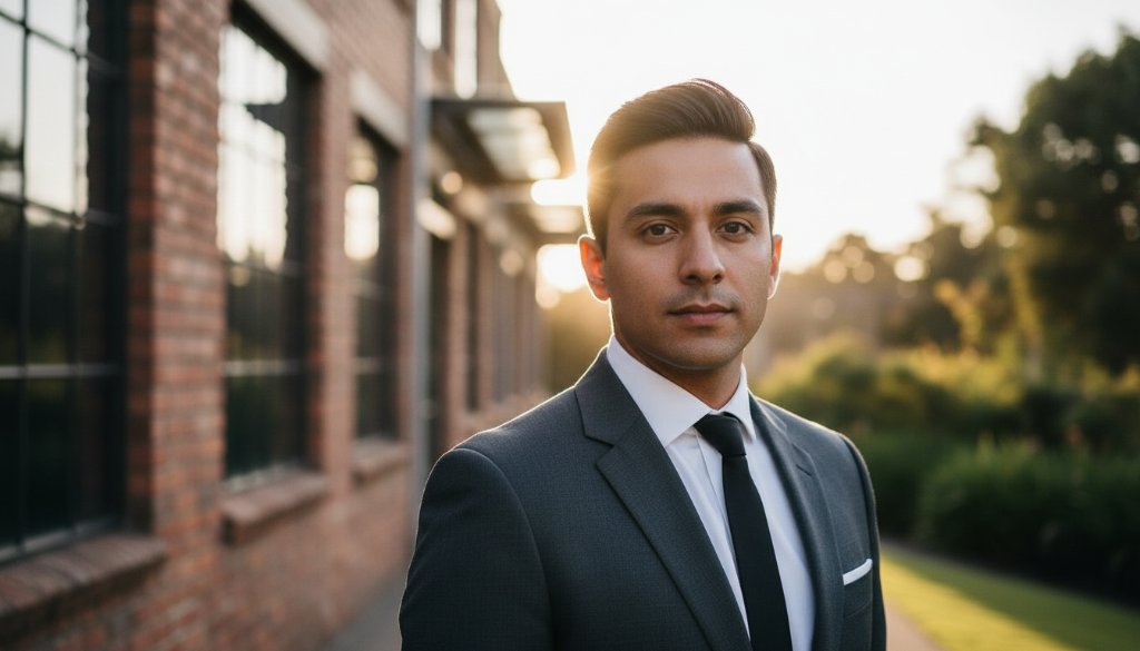 Dramatic professional headshots Bayswater Victoria for career advancement, featuring a confident subject bathed in golden hour light against a slightly blurred, contemporary urban Bayswater backdrop, showcasing determination and success.