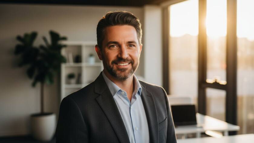 Dynamic professional headshots Bentleigh East for entrepreneurs, featuring a confident male professional in a modern office setting in Bentleigh East, illuminated by dramatic side lighting, capturing a powerful and inspiring gaze.