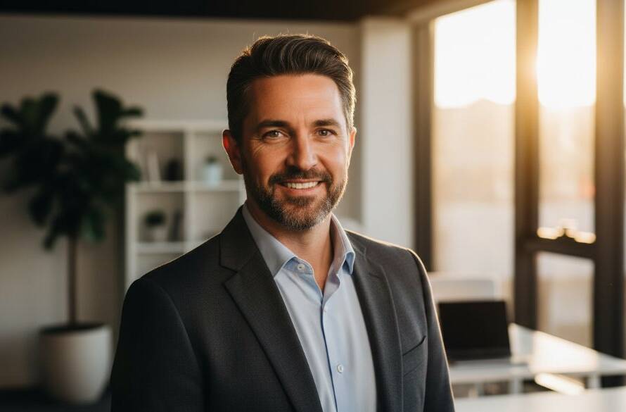 Dynamic professional headshots Bentleigh East for entrepreneurs, featuring a confident male professional in a modern office setting in Bentleigh East, illuminated by dramatic side lighting, capturing a powerful and inspiring gaze.