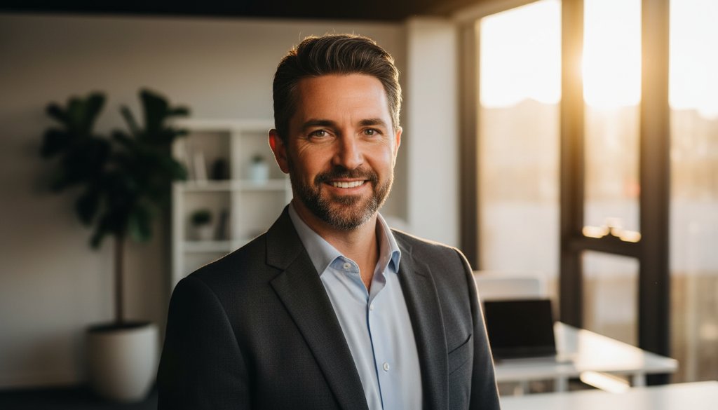 Dynamic professional headshots Bentleigh East for entrepreneurs, featuring a confident male professional in a modern office setting in Bentleigh East, illuminated by dramatic side lighting, capturing a powerful and inspiring gaze.