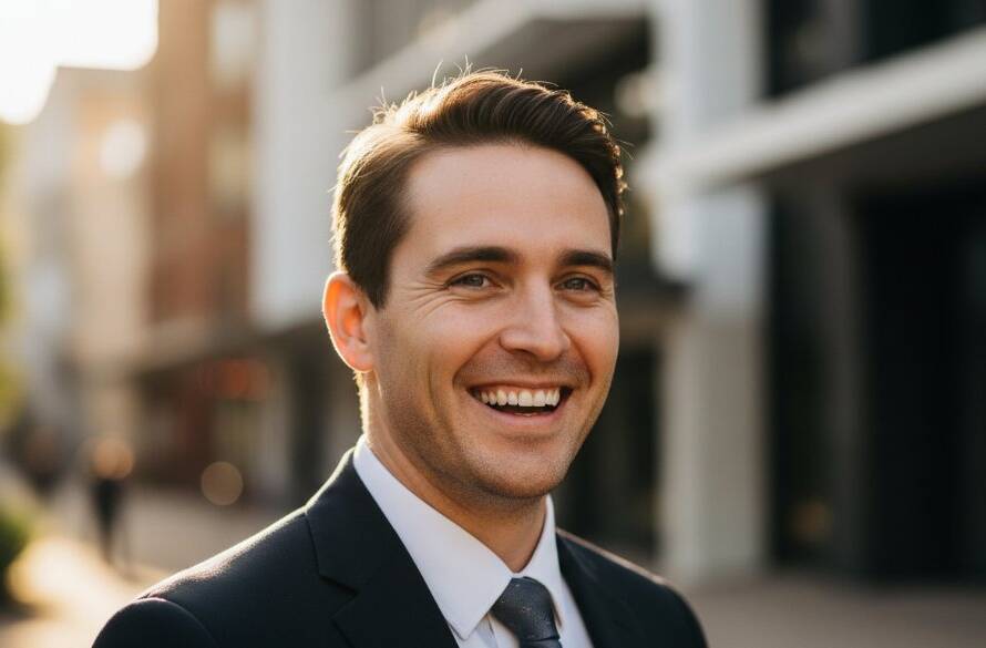 A candid, dramatic professional headshot of a confident businesswoman smiling warmly in an urban Bentleigh setting, showcasing high-quality professional headshots Bentleigh Victoria for LinkedIn profiles, with soft bokeh and cinematic lighting.