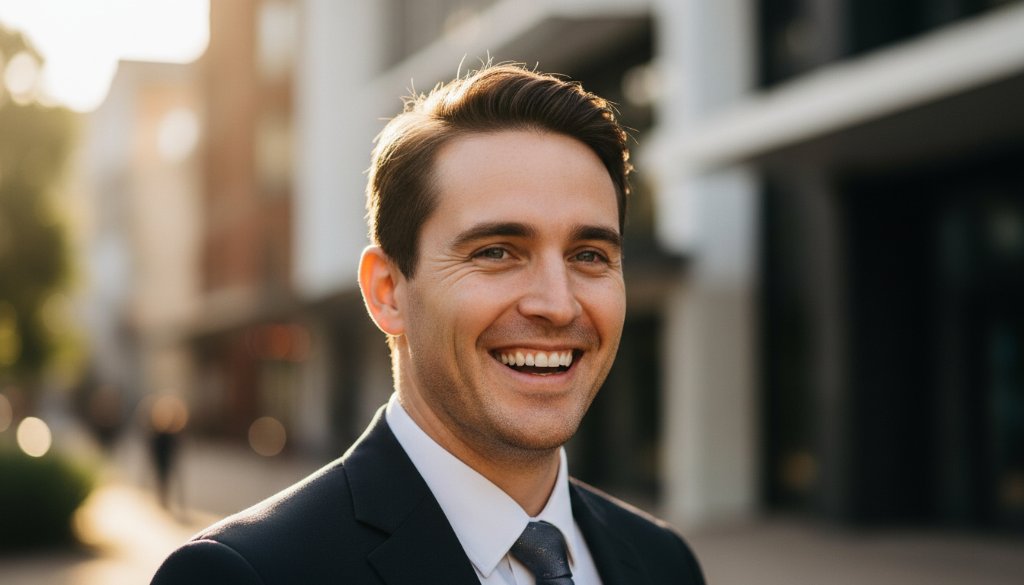 A candid, dramatic professional headshot of a confident businesswoman smiling warmly in an urban Bentleigh setting, showcasing high-quality professional headshots Bentleigh Victoria for LinkedIn profiles, with soft bokeh and cinematic lighting.