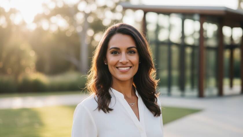 Dynamic professional headshots Boronia for career growth, featuring a confident subject smiling genuinely in a modern Boronia park setting, with dramatic golden hour lighting and bokeh background, conveying ambition and approachability.