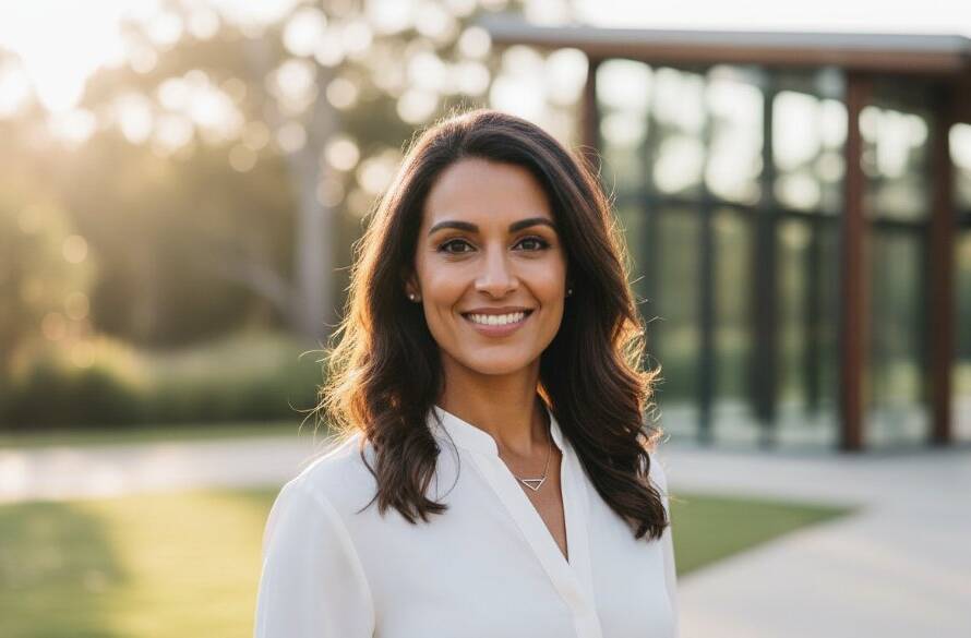 Dynamic professional headshots Boronia for career growth, featuring a confident subject smiling genuinely in a modern Boronia park setting, with dramatic golden hour lighting and bokeh background, conveying ambition and approachability.