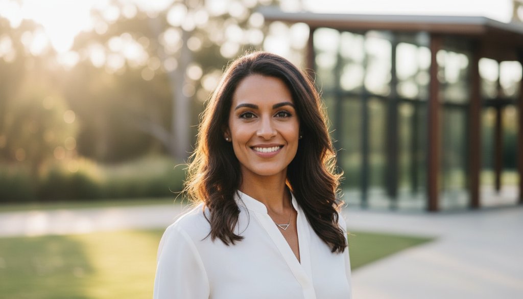 Dynamic professional headshots Boronia for career growth, featuring a confident subject smiling genuinely in a modern Boronia park setting, with dramatic golden hour lighting and bokeh background, conveying ambition and approachability.