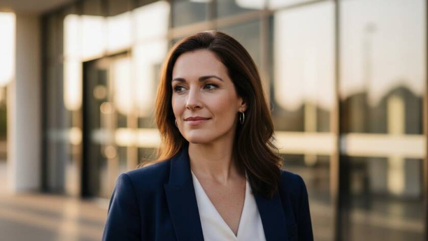 A dynamic, cinematic close-up of a confident professional, mid-laugh, taken with crisp studio lighting in a modern Box Hill office setting, showcasing Professional Headshots Box Hill Victoria for Career Advancement. The warm glow highlights their professionalism and approachability.