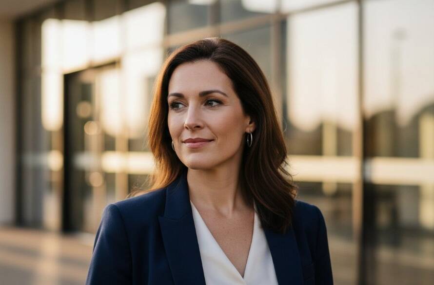 A dynamic, cinematic close-up of a confident professional, mid-laugh, taken with crisp studio lighting in a modern Box Hill office setting, showcasing Professional Headshots Box Hill Victoria for Career Advancement. The warm glow highlights their professionalism and approachability.
