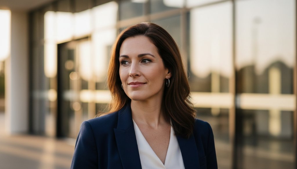 A dynamic, cinematic close-up of a confident professional, mid-laugh, taken with crisp studio lighting in a modern Box Hill office setting, showcasing Professional Headshots Box Hill Victoria for Career Advancement. The warm glow highlights their professionalism and approachability.