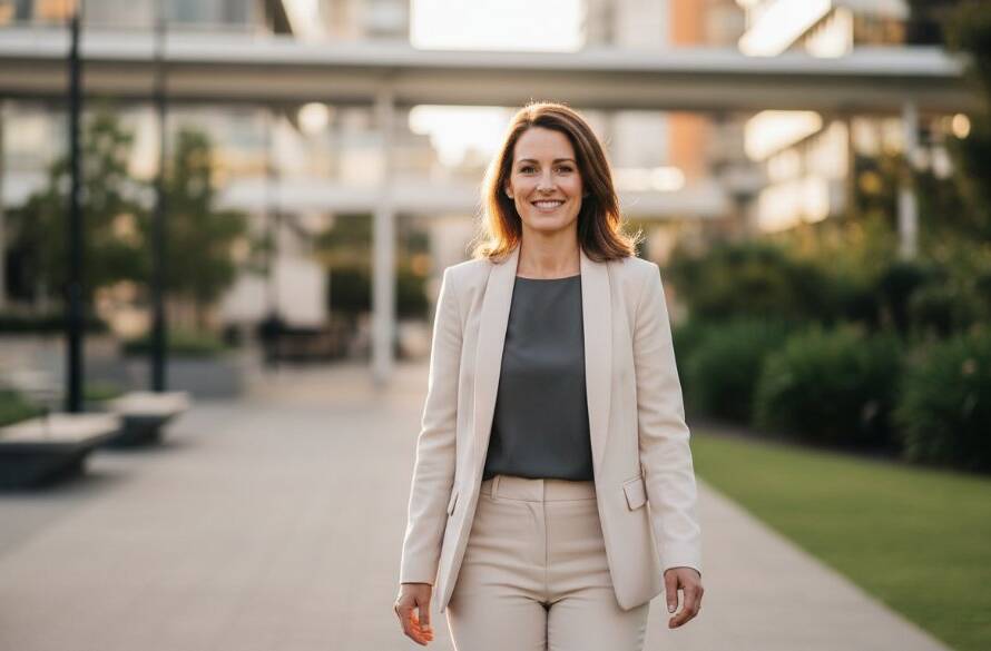 Dynamic close-up portrait featuring a confident professional woman with a warm smile, set against a softly blurred, modern Box Hill streetscape at golden hour, capturing Professional Headshots Box Hill Victoria for Career Growth with cinematic lighting.