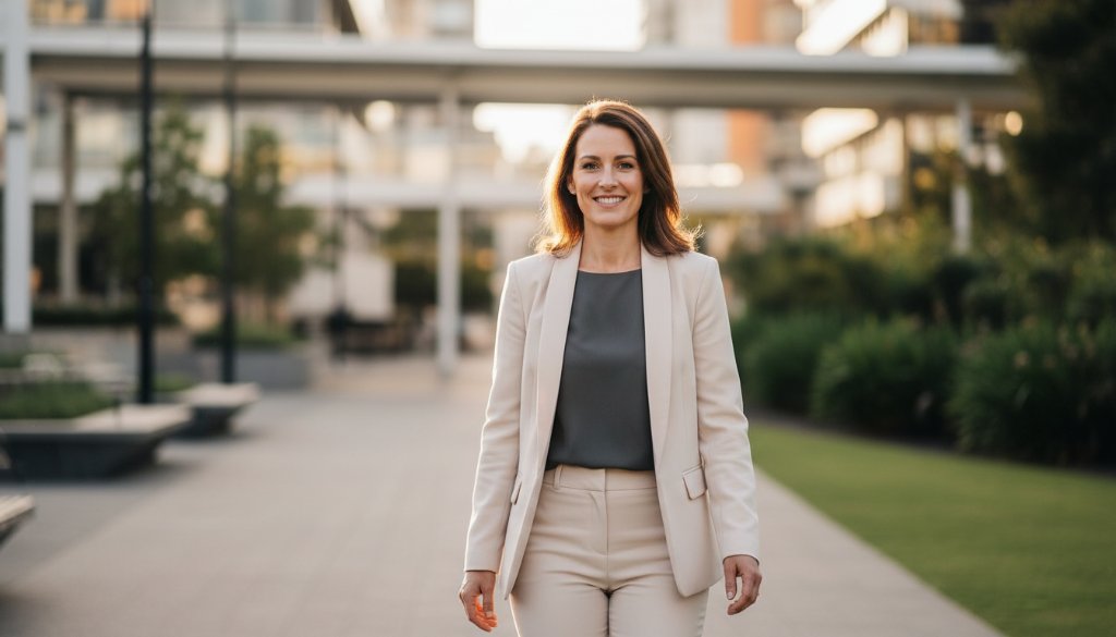 Dynamic close-up portrait featuring a confident professional woman with a warm smile, set against a softly blurred, modern Box Hill streetscape at golden hour, capturing Professional Headshots Box Hill Victoria for Career Growth with cinematic lighting.