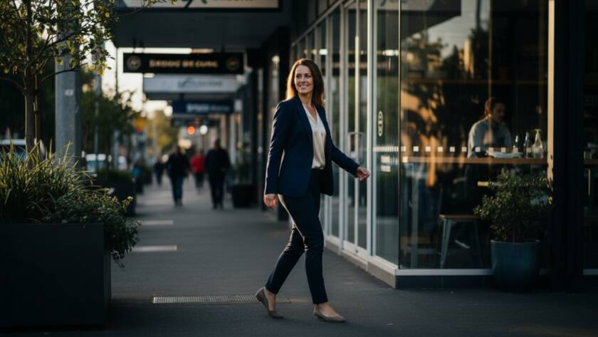A high-impact, cinematic photograph of a confident female entrepreneur in Brighton East, Victoria, captured during her professional headshots Brighton East VIC for local entrepreneurs session, with a modern architectural background and dramatic golden hour lighting, showcasing strength and approachability.