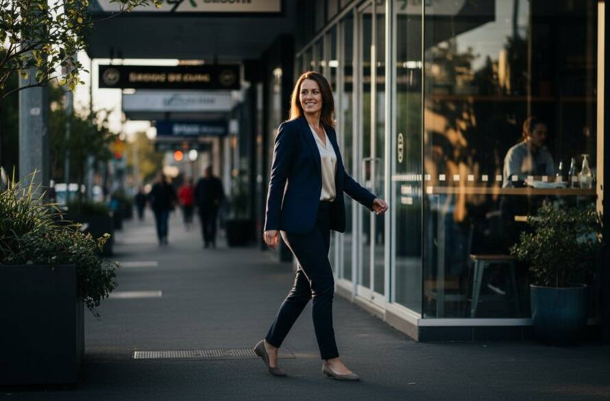 A high-impact, cinematic photograph of a confident female entrepreneur in Brighton East, Victoria, captured during her professional headshots Brighton East VIC for local entrepreneurs session, with a modern architectural background and dramatic golden hour lighting, showcasing strength and approachability.