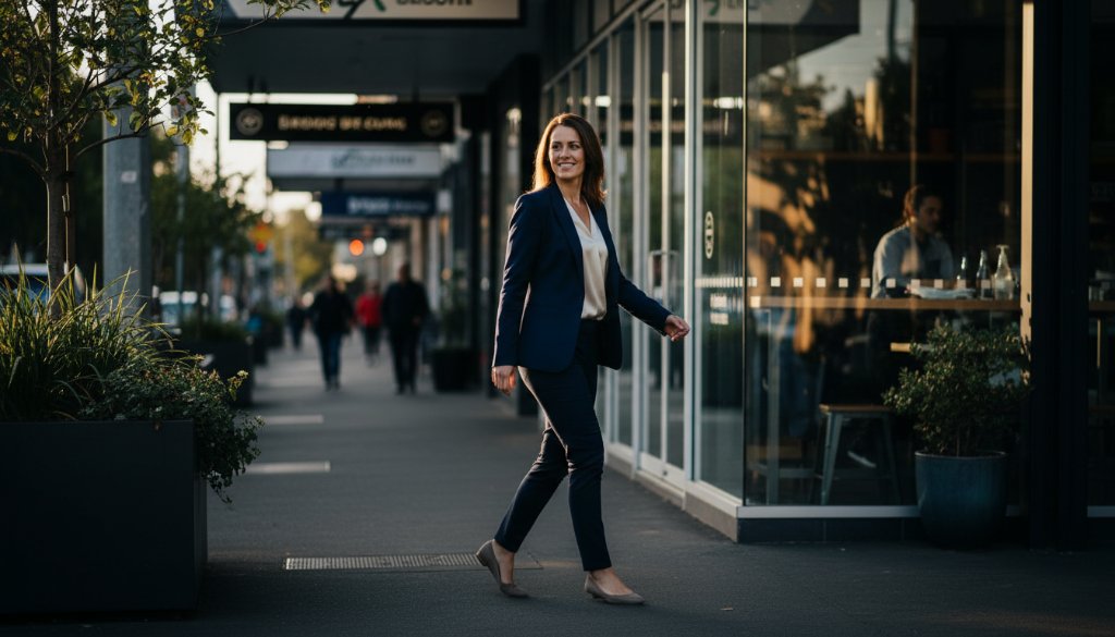 A high-impact, cinematic photograph of a confident female entrepreneur in Brighton East, Victoria, captured during her professional headshots Brighton East VIC for local entrepreneurs session, with a modern architectural background and dramatic golden hour lighting, showcasing strength and approachability.