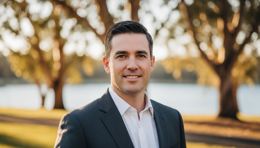 A confident professional headshot in Brown Hill, Victoria, featuring a businessperson against a soft, sun-dappled backdrop near Lake Esmond, embodying career advancement and professionalism, with warm, golden hour lighting and a shallow depth of field.