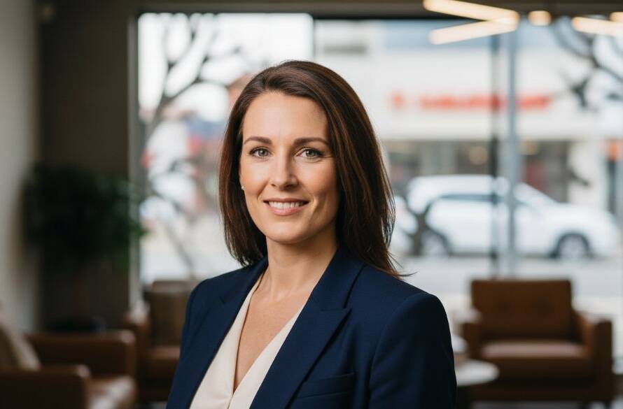 A dynamic, close-up portrait featuring a confident professional captured with a warm, natural expression against a softly blurred, modern architectural background in Burnside, Victoria, Australia, highlighting authentic professional headshots Burnside Victoria with dramatic, soft lighting.