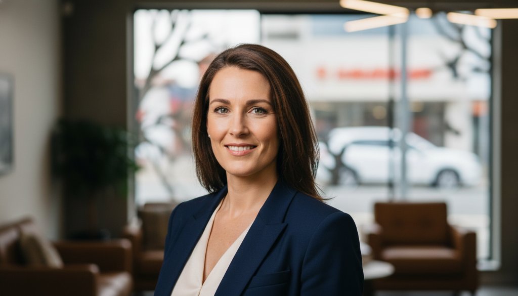 A dynamic, close-up portrait featuring a confident professional captured with a warm, natural expression against a softly blurred, modern architectural background in Burnside, Victoria, Australia, highlighting authentic professional headshots Burnside Victoria with dramatic, soft lighting.