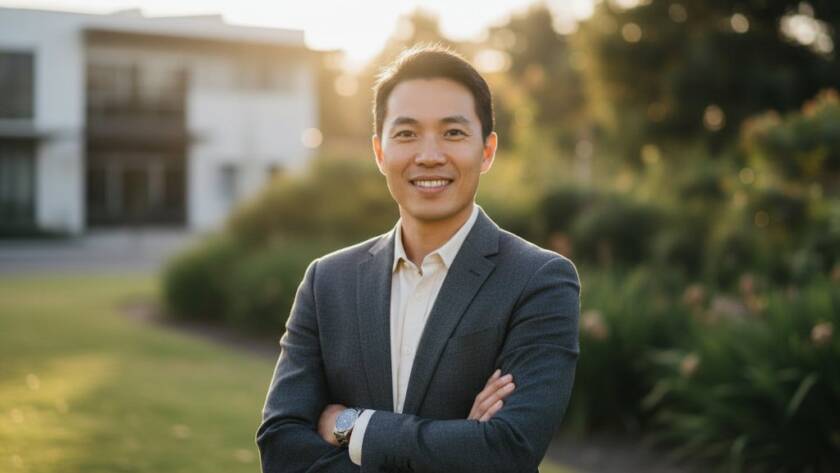 A confident business professional's powerful professional headshot for career success in Forest Hill, captured against a subtly blurred, leafy Forest Hill backdrop at sunset, showcasing ambition and approachability with dramatic golden hour light.