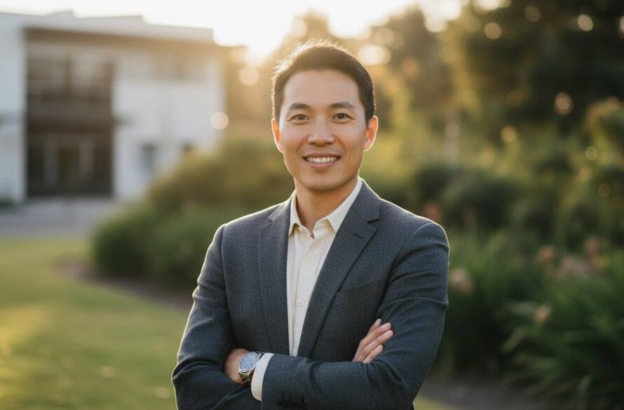 A confident business professional's powerful professional headshot for career success in Forest Hill, captured against a subtly blurred, leafy Forest Hill backdrop at sunset, showcasing ambition and approachability with dramatic golden hour light.