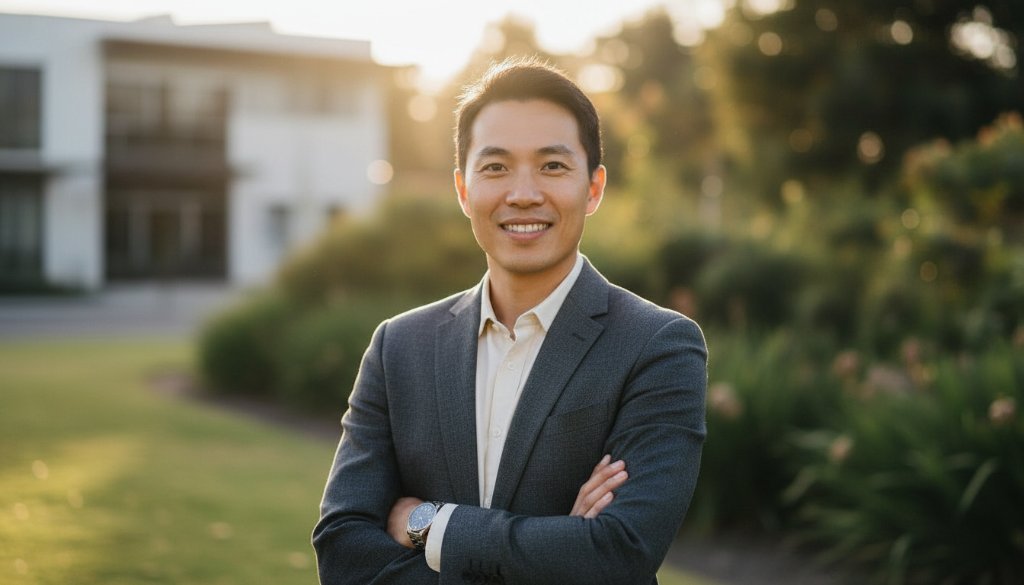 A confident business professional's powerful professional headshot for career success in Forest Hill, captured against a subtly blurred, leafy Forest Hill backdrop at sunset, showcasing ambition and approachability with dramatic golden hour light.