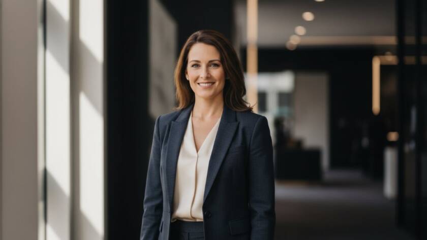 Dramatic portrait of a confident executive smiling subtly, bathed in warm, cinematic light against a blurred sophisticated Chadstone urban backdrop, embodying professional headshots Chadstone Victoria for career growth.
