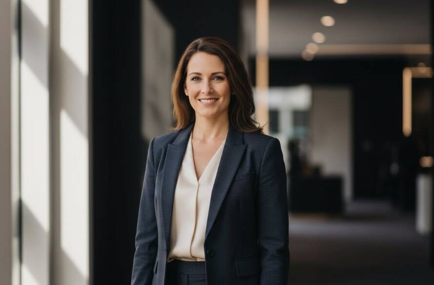 Dramatic portrait of a confident executive smiling subtly, bathed in warm, cinematic light against a blurred sophisticated Chadstone urban backdrop, embodying professional headshots Chadstone Victoria for career growth.