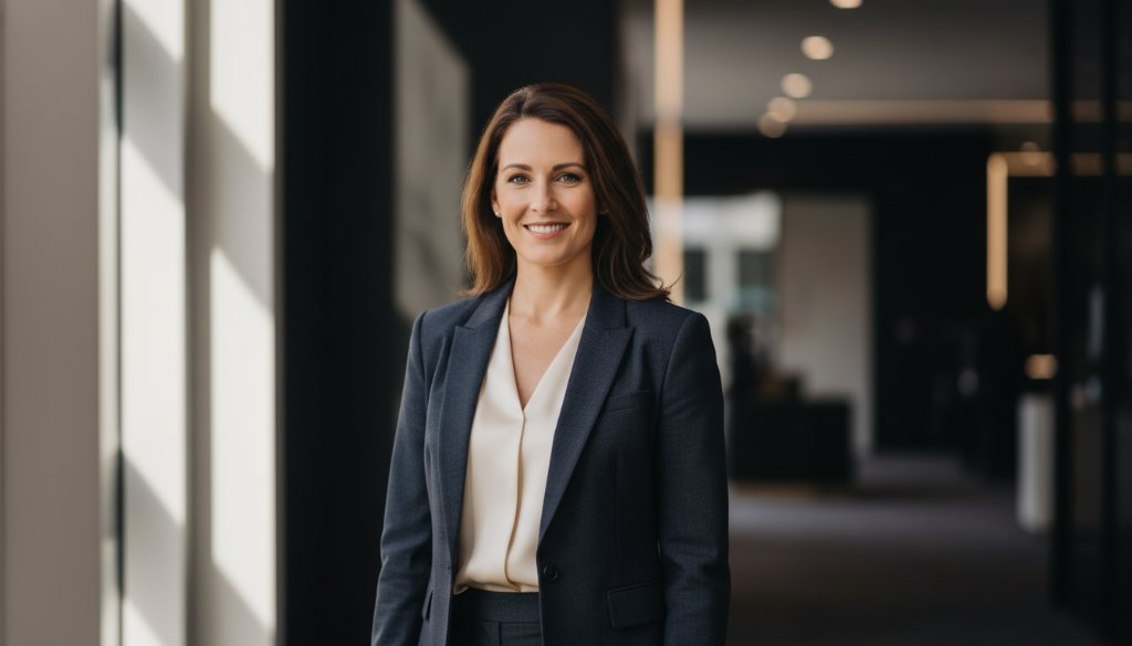 Dramatic portrait of a confident executive smiling subtly, bathed in warm, cinematic light against a blurred sophisticated Chadstone urban backdrop, embodying professional headshots Chadstone Victoria for career growth.