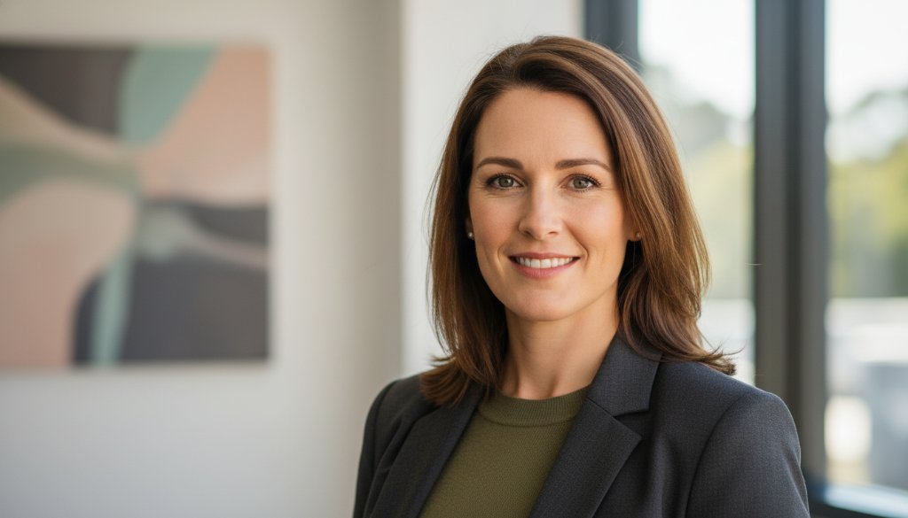 A dynamic professional headshot in Chelsea Heights Victoria, showcasing a local entrepreneur with a confident expression, dramatic lighting highlighting their profile against a subtly blurred backdrop featuring elements of the Chelsea Heights community, embodying the essence of Professional Headshots Chelsea Heights Victoria Local.