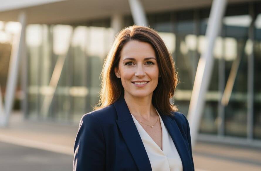 An empowering 'epic moment' professional headshot of a modern professional, a woman in a stylish blazer, confidently looking forward. She is subtly lit by golden hour sun peeking through modern architectural elements in Cranbourne North, Victoria, with a soft-focus backdrop of the area's contemporary business park. This image exemplifies 'Professional Headshots Cranbourne North Victoria For Modern Professionals'.