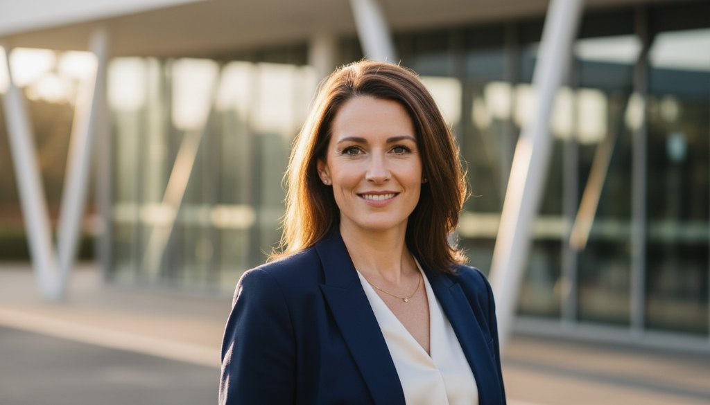 An empowering 'epic moment' professional headshot of a modern professional, a woman in a stylish blazer, confidently looking forward. She is subtly lit by golden hour sun peeking through modern architectural elements in Cranbourne North, Victoria, with a soft-focus backdrop of the area's contemporary business park. This image exemplifies 'Professional Headshots Cranbourne North Victoria For Modern Professionals'.