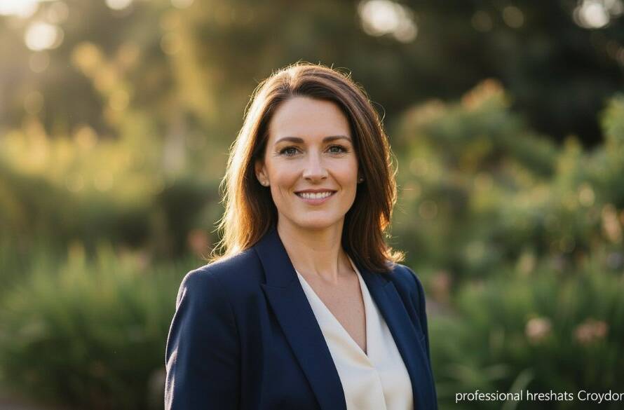 A confident professional, mid-laugh, captured in a stunning, dramatic professional headshots Croydon North for LinkedIn success. The subject stands against a soft-focus backdrop of the Croydon North War Memorial Gardens at golden hour, with warm, cinematic light illuminating their face, conveying approachability and expertise. This epic moment showcases their authentic personality and professional gravitas.