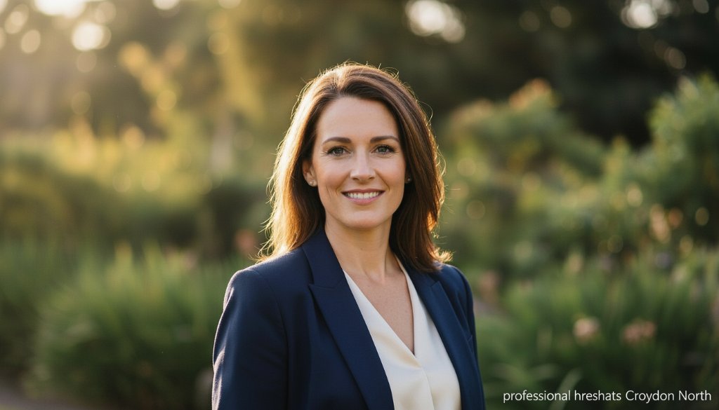 A confident professional, mid-laugh, captured in a stunning, dramatic professional headshots Croydon North for LinkedIn success. The subject stands against a soft-focus backdrop of the Croydon North War Memorial Gardens at golden hour, with warm, cinematic light illuminating their face, conveying approachability and expertise. This epic moment showcases their authentic personality and professional gravitas.