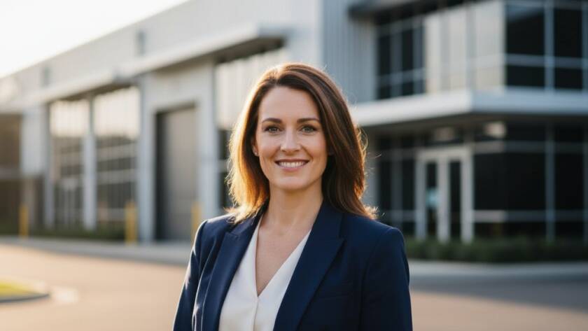 A striking professional headshot taken in Dandenong South, showcasing an executive beaming confidently against a blurred urban industrial backdrop at golden hour, embodying professional headshots Dandenong South for business success with dramatic, cinematic lighting.