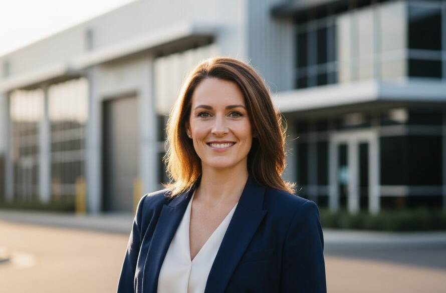 A striking professional headshot taken in Dandenong South, showcasing an executive beaming confidently against a blurred urban industrial backdrop at golden hour, embodying professional headshots Dandenong South for business success with dramatic, cinematic lighting.