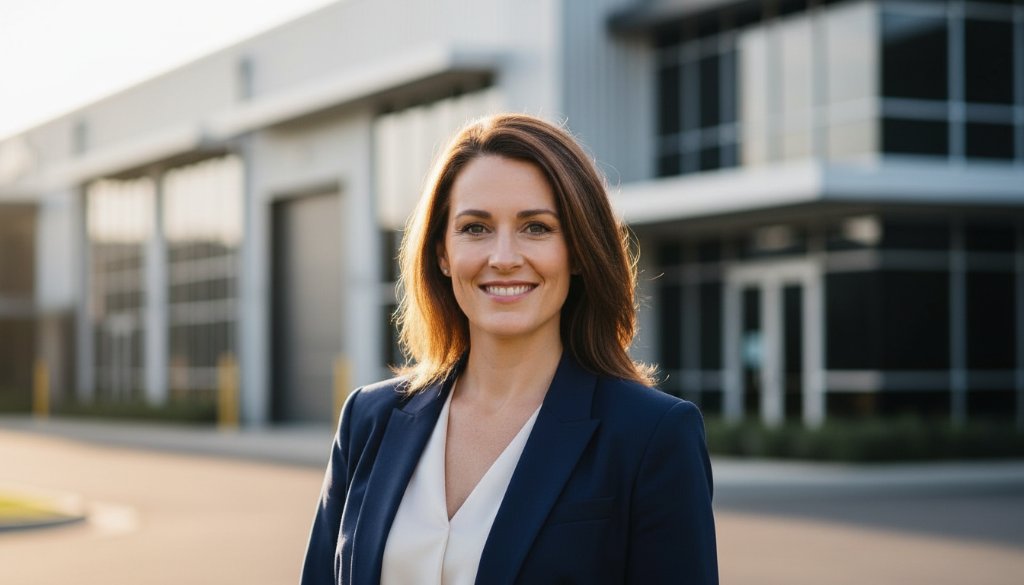 A striking professional headshot taken in Dandenong South, showcasing an executive beaming confidently against a blurred urban industrial backdrop at golden hour, embodying professional headshots Dandenong South for business success with dramatic, cinematic lighting.