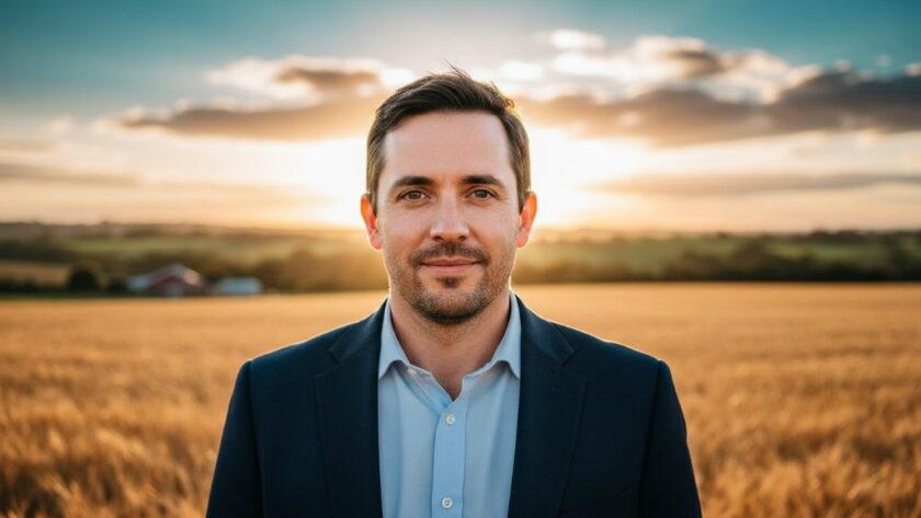 A confident young professional, radiating genuine warmth, captured in a stunning professional headshots Drouin Victoria natural light portrait. The shot features a soft, golden hour glow illuminating their face, with Drouin's lush countryside subtly blurred in the background, conveying approachability and success.