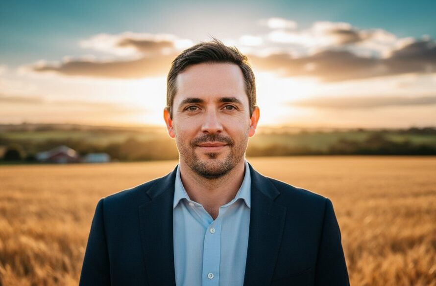 A confident young professional, radiating genuine warmth, captured in a stunning professional headshots Drouin Victoria natural light portrait. The shot features a soft, golden hour glow illuminating their face, with Drouin's lush countryside subtly blurred in the background, conveying approachability and success.