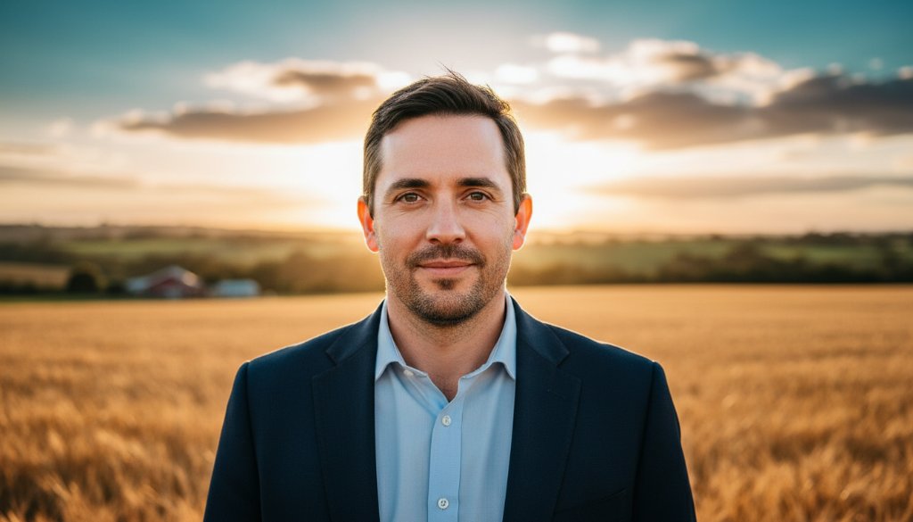 A confident young professional, radiating genuine warmth, captured in a stunning professional headshots Drouin Victoria natural light portrait. The shot features a soft, golden hour glow illuminating their face, with Drouin's lush countryside subtly blurred in the background, conveying approachability and success.