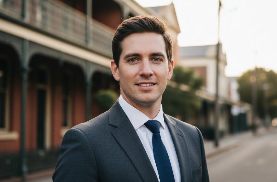 A stunning, cinematic professional headshot captured in East Geelong, featuring a confident individual against a subtly blurred backdrop of the historic East Geelong waterfront, golden hour light illuminating their face, conveying professionalism and approachability. This professional headshots East Geelong for career elevation portrait exudes success.