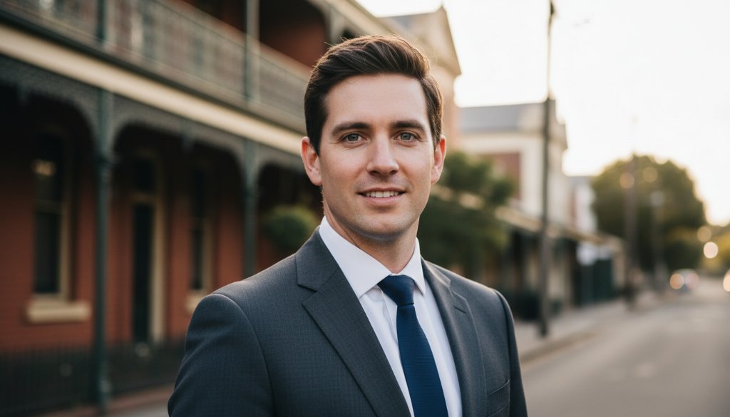 A stunning, cinematic professional headshot captured in East Geelong, featuring a confident individual against a subtly blurred backdrop of the historic East Geelong waterfront, golden hour light illuminating their face, conveying professionalism and approachability. This professional headshots East Geelong for career elevation portrait exudes success.